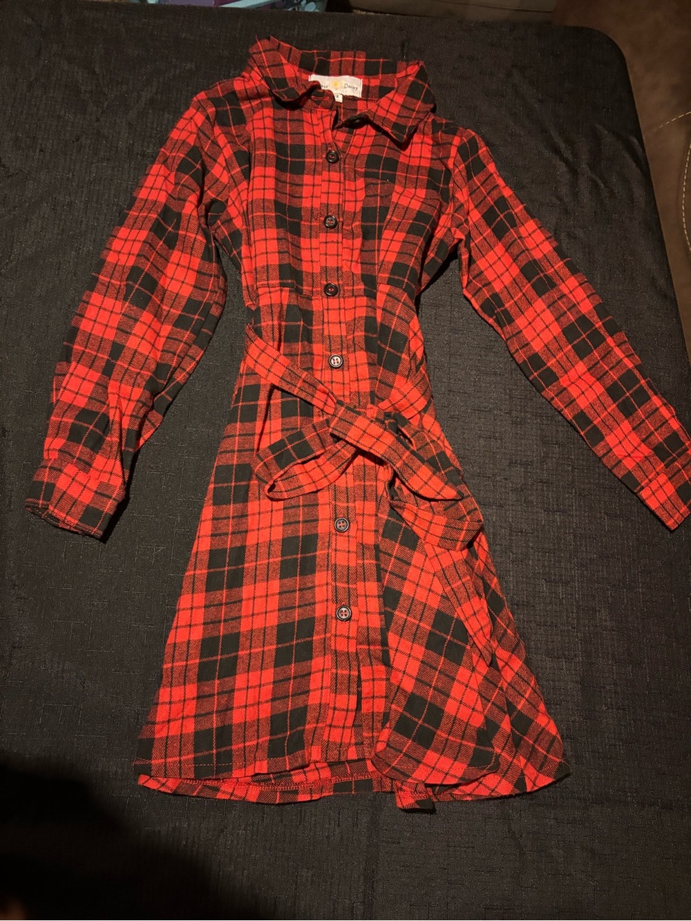 Girls Red and Black Plaid Shirt Dress with Tie Waist